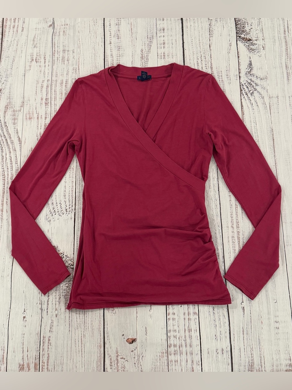 Lilla P Womens Small Long Sleeve Pink Surplice V Neck Ruched Side, Pima Cotton